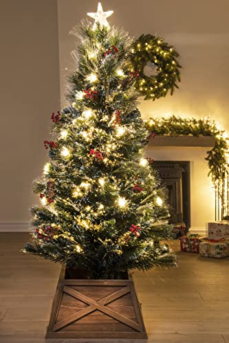 The Frosted LED Pine | Fibre Optic Christmas Tree | 5ft/150cm | Brown Wooden Tree Skirt | Pre-decorated | Christmas Tree World