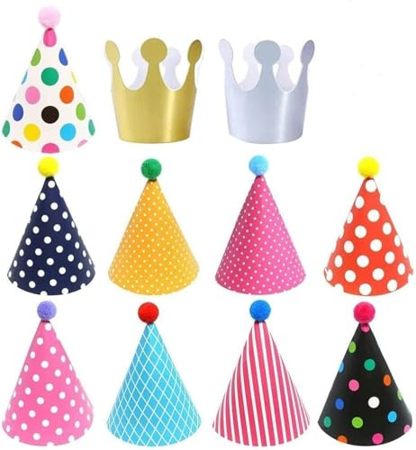 ELakiss 11PCS Birthday Party Cone Hats - Pom Poms,Lovely Cake Cone Birthday Paper Hats,Lovely Crown,For Kids and Adults Decorations (9 hats and 2 crowns)