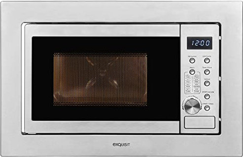 Exquisit Einbaumikrowelle EMW20-DG-020 inox | 800 W Leistung | 1000 W Grill | 8 Autokochprogramme| Drehteller 27cm | Einbaugerät | Edelstahl-Garraum