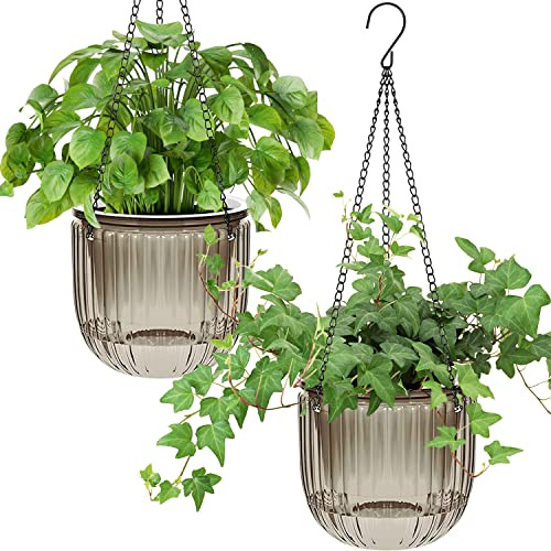 iDattel 6.5 Inch 2Pcs Self-watering hanging flower pot plants,Indoor hanging flower pots with 3Hooks drainage holes for indoor outdoor ceilings balconies wall decoration（Gray）