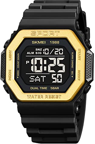 SKMEI Hommes Top Marques Digital Mens Waterproof Electronic Wristwatches Fashion PU Band Sports Watch relogio Masculino Sport Watch Men, Doré, Sangle
