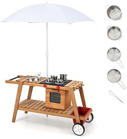 Maxmass Kids Wooden Toy Cart, Pretend Role Play Kitchen with Removable Umbrella, Storage Box and Abundant Accessories, Outdoor Children Food Trolley for Boys Girls