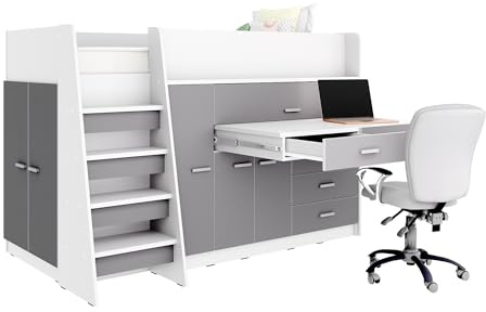 Marlux-Meble Hochbett JSM-1 80x190 TREPPE Links 129 cm Hoch mit Kleiderschrank Schreibtisch Schränke Matt Funktionsbett Etagenbett Stockbett Kinderhochbett Jugendhochbett (Graphit Matt)