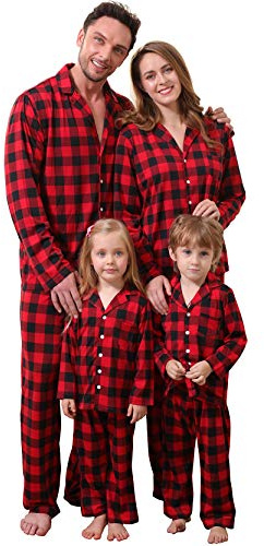 Amissz Pyjama de Noël Famille, Vêtements de Nuit Costume Coton à Manches Longues Chemises + Pantalons Longs Sweat pour Rouge Enfant, 6-7 Ans
