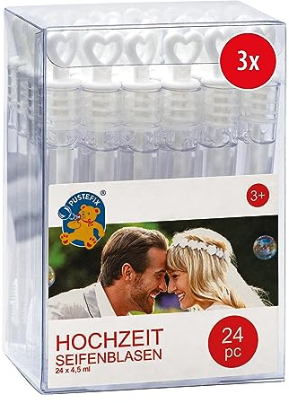 PUSTEFIX Seifenblasen Hochzeit 3x 24 Stück: Bezaubernde Seifenblasen mit Herzgriff für Stylische Hochzeitsgeschenke im Reagenzglas Design
