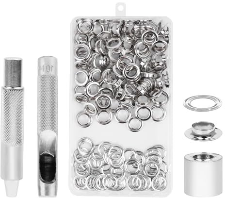 100 Pezzi Occhielli per Teloni, Professionale Occhiellatrice per Teloni 10mm Occhiello Strumento Set di Occhielli Grommet Rondelle per Borse Scarpe Abbigliamento con 3 Strumenti