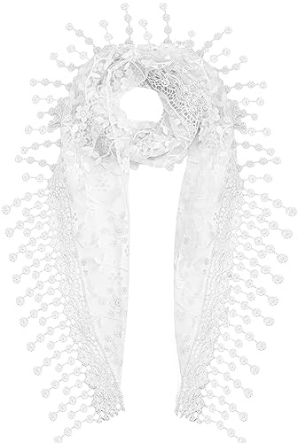 Ramede Sciarpa morbida in pizzo con foglie alla moda asciugamano sciarpa avvolgente triangolo con frangia floreale scialle sciarpe da donna sciarpe estive bandana in pizzo, bianco, taglia unica