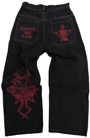 ORANDESIGNE Y2k Jeans Herren Hip Hop Retro Schädel Stickerei Gewaschen Baggy Denim Hose Lässig Lose Weites Bein Hose Streetwear A Rot M