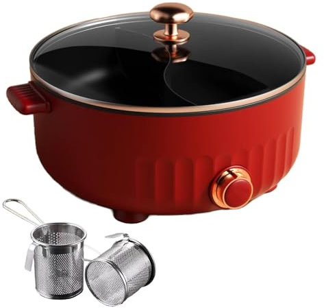 ARTSIM Fondue Chinoise Electrique, 1350 Watts Poele 2 Compartiments IdéAl pour Les RéUnions De Famille (avec 2 Filets Non éTanches),Red
