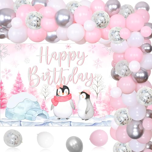 Kreatwow Pinguin Geburtstags Deko Pinguin Happy Birthday Hintergrund rosa Ballongirlande Winter party Deko für Pinguin Motto Geburtstagsparty Winter Pinguin Geburtstagsparty