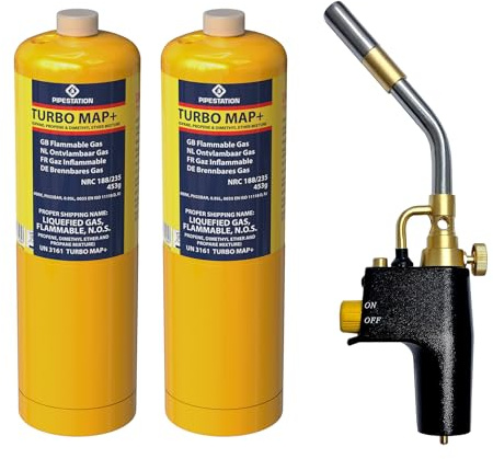 Pipestation Mapp Gas Canister | Map Plus Bottle Cylinder for Propane Blow Torch Plumbing Blowtorch Cartridge (Total Fire + 2X Cylinders) (Gas Kit)