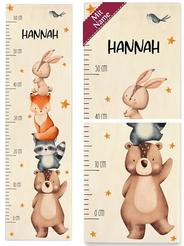 Kind Holz - Tiere - Messlatte Waldtiere I Bär I Waschbär I Fuchs I Hase I Vogel Kindermesslatte Geschenk fürs Kinderzimmer Jungen I Mädchen - 0-60 cm - Holz - kinder 160 tier hasen metermaß