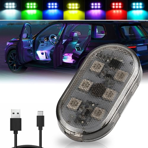 NHHEO RGB Éclairage Intérieur de Voiture, 7 Colors-2 Modes LED Néon sans Fil Tactile Plafonnier de Voiture, Rechargeable par USB Interrupteur Portable Mood Éclairage Accessoires