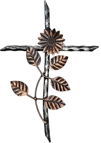 30,5 cm Metall Wandhalterung Kreuz - Sonnenblume/Gänseblümchen Blumengarten Design - Heiliges keltisches Kruzifix Silber & Kupfer Finish Moderne rustikale Jesus Kunst Skulptur