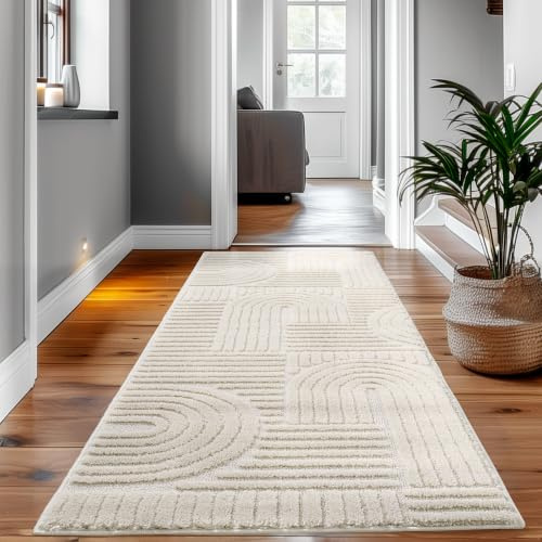 SIMPEX Teppich Läufer 80x150 cm Creme, Hochflor Wohnzimmer Teppich, Weich & Flauschig, Skandinavisch Boho Stil, Langflor Shaggy, Pflegeleicht, Jute Rückseite