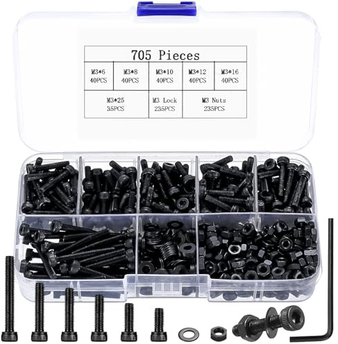 705 Pz M3 Set di Viti e Dadi, Testa Esagonale, con Rondella, Viti e Bulloni e Dadi Esagonali Set, Esagonale Nero, Assortimento Bulloni a Testa