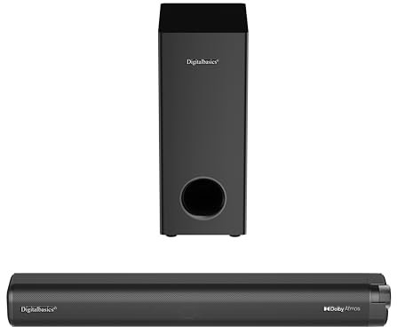 Digitalbasics Dolby Atmos TV Soundbar Altavoz 5.3 Bluetooth de 120 W de salida con subwoofer externo con cable de 70 W y cables Opt & AUX, graves profundos, conexión múltiple