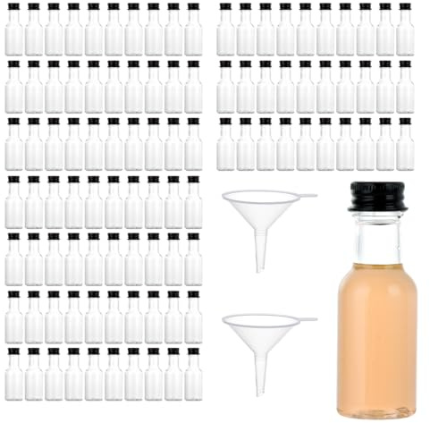 LOLYSIC 100PCS 25ml Mini Plastic Bottles with Lids, Miniature Alcohol Bottles with Screw Caps & Funnels, Empty Mini Liquor Bottle Reusable Spirit Shot Bottle for Wedding Party Favors (Black Cap)