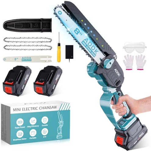 Mini motosierra eléctrica de 8 pulgadas, 21 V, 450 W, 2 pilas, mini sierra eléctrica, podadora para cortar la madera, las ramas, la poda de los jardines (verde)