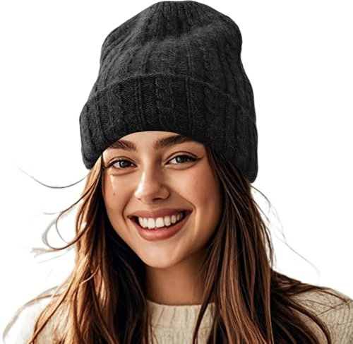 Damenhut aus Wolle, warme Wintermütze, Strickmütze für Damen, Strickmütze für Damen, Totenkopfmütze, weich, elastisch, für und Außenbereich, Schwarz
