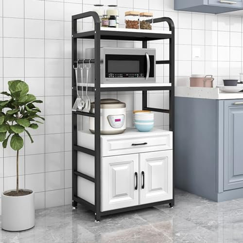 Kitchen Microwave Oven Stand with Storage Cabinet Utility Sideboard Shelf for Living Room Bedroom Large Size Black and White Color Combination.