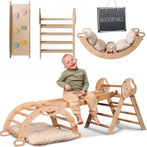 5-in-1 Indoor Climbing Frame for Toddlers -Triangle Ladder, Climbing Arch, Balance and Cushion, Montessori Climbing Frame, Kids Wooden Gym, Foldable Climbing Toys for Kids 1-3 Age