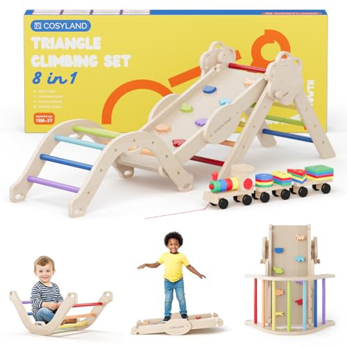 COSYLAND Indoor Climbing Frame for Toddlers – Wooden Triangle Toys with Ladder, Climbing Arch, Balance Board Climbing Toys for Kids Ages 1 - 3 (Rainbow,M)