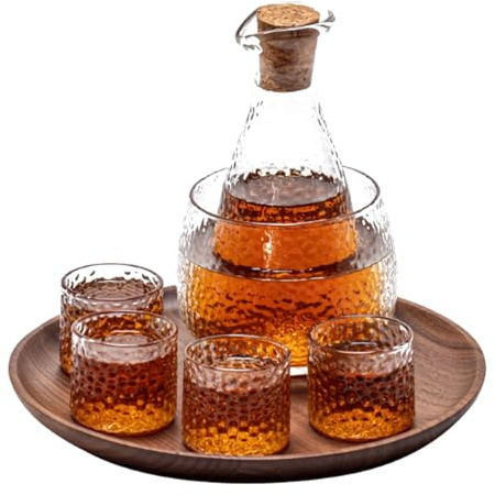 LIEWEI Boutique Shop UK Glass Sake Set 7 Pieces Sake Set Wine Glass Set with 4 Sake Cups and 1 Sake Warmer Bowl for Warm or Cold Sake Service Saki Cup Set