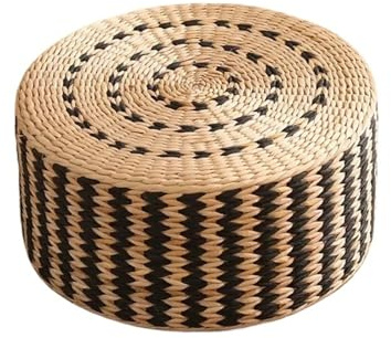 YUSUZH Meditationskissen 40/45 cm rundes Meditationskissen, gewebtes Strohhocker-Kissen, Meditationsmatte for Yoga-Bodensitze(Black Flower face,50 x 20cm)