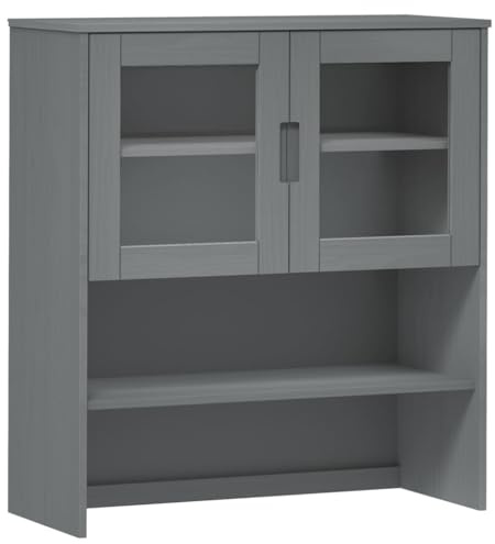 Makastle Highboard-Oberteil mit 2 Glastüren und 3 Böden, Schrankaufsatz mit UV-Lackierung für Küche Esszimmer, Grau 90x35x100 cm Massivholz Kiefer