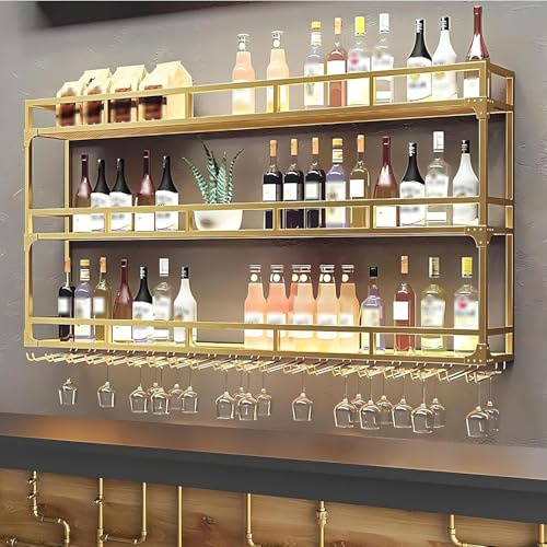 KEPMOGOH Wine Rack Wall Mounted, Metal Wine Glass Holder, Wall Wine Racks for Wine Bottles, bar Shelves, Bar Liquor Bottle Display Shelf Storage Organizer for Home Kitchen Bar (Gold, 120cm)