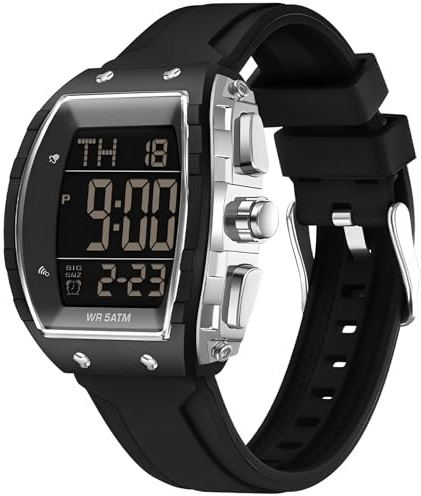 findtime Herrenuhr Tonneau Sportuhr Digital Armbanduhr Gold mit Doppelzeit Timer Stoppuhr 5ATM Wasserdicht Design Elektronische Uhren Freizeit Sport Armbanduhr Multifunktional