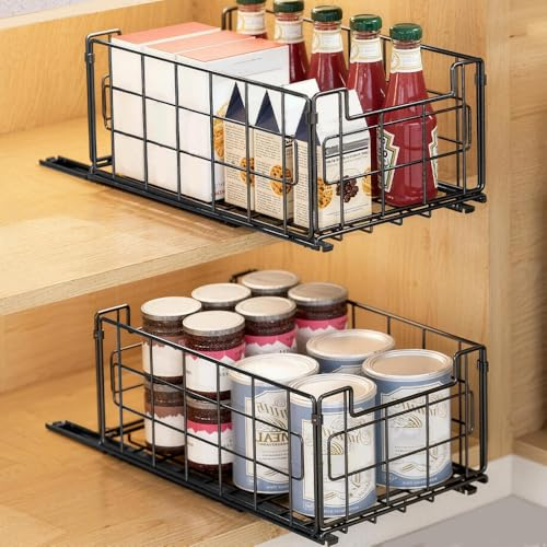 Huucozn 2 Stück Teleskopschublade 54,5cm tief Ausziehbare Schublade Küche 21,5cm B x 35cm T x 16cm H Küchenorganizer zum Ausziehen Teleskop Schublade Auszug Küchenschrank Schrank Organizer mit Kleber