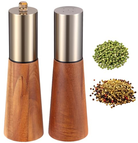2 Pcs Pepper Grinder and Seasoning Bottle Set, Wooden Pepper Grinder with 304 Stainless Steel Body, Adjustable Coarseness Spice Grinder, Refillable Ceramic-Core Grinder for BBQ, Kitchen