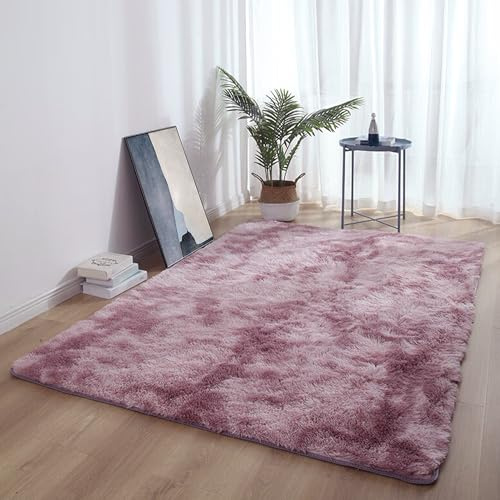 MEILIPA Flauschiger Hochflor Teppich 100 x 210 cm Langflor Teppich Flauschig Maschinenwaschbar für Schlafzimmer Kinderzimmer, Bettvorleger Matte, Pink Lila