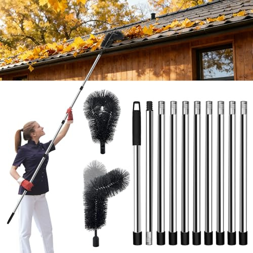 12.7FT Gutter Cleaning Tool from The Ground – 10-Section Adjustable Gutter Cleaner with Sturdy Brush, No Ladder Needed, Safe & Efficient Removal of Leaves, Branches & Debris