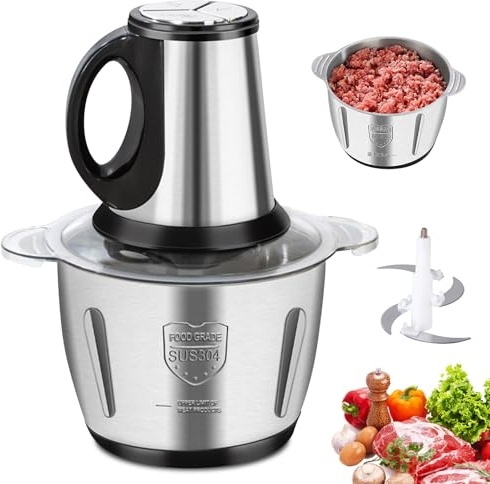 Picadora eléctrica de 2 litros, con recipiente de acero inoxidable, 3 velocidades, 4 cuchillos de acero inoxidable para carne, verduras, frutas