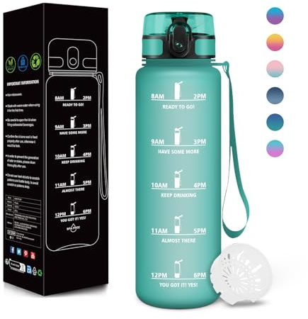 Motswedi Botella Agua, 500ML Libre de BPA, Cantimplora, Diseño de Cerradura a Prueba de Fugas, Botellas de Agua Plastico, Con Marca de Tiempo, Para Niños para Escuela, Parque, Vida Diaria - Azul&verde