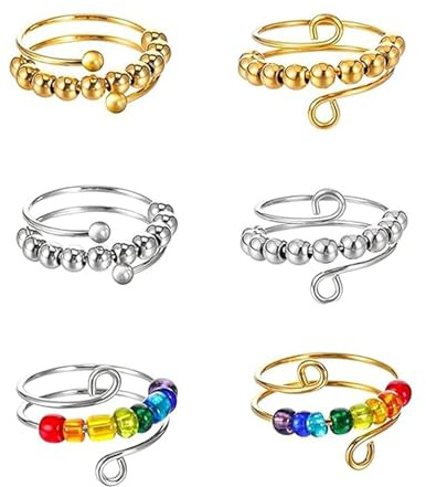 Lot de 6 Bagues Anti-Stress pour Femme, Anneaux Tournants Réglables avec Perles Colorées et Boules, Ensemble de Bijoux Fidget en Finition Dorée et Argentée pour la Relaxation et la Concentration