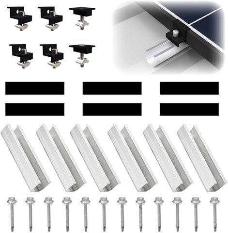 Solarmodul Halterung für 2X Module, PV Halterung Montageset - 12CM Silber Schiene + Verstellbare Klemme für 30-35MM Dicke Module, Alu Solarpanel Halterung Flachdach Trapezblech Blechdach