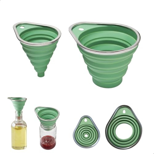 2 Piezas embudo cocina de Silicona, Embudo para Mermelada Plegables con Borde de Acero Inoxidable, Incluye Embudos Grande y Pequeño para Rellenar de Aceite, Cerveza, Líquidos y Polvos (Verde)