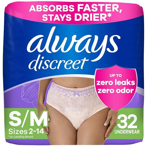Always Discreet Adult Incontinence & Postpartum Incontinence Underwear for Women, Small/Medium, Maximum Protection, 32 Count (Packaging May Vary)