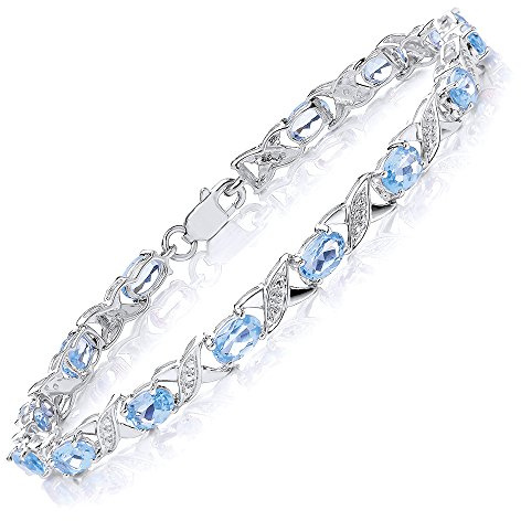 Theia Armband Sterling Silber Oval, 7 Karat Schweizer Blautopas Edelstein mit überkreuzten Gliedern & Diamanten 19 cm