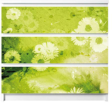 banjado® Möbelfolie selbstklebend für die IKEA Malm Kommode 3 Schubladen - Schrankfolien selbstklebend mit Motiv Kamille Grün/Möbelfolie Malm für Kinder