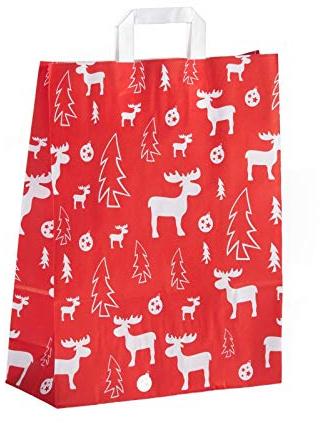 32+12x40cm, Elch, Papiertragetasche, Flachhenkel, Geschenktüte Weihnachten, Weihnachtstüten, Geschenktasche, Rot Größe 100 Stück