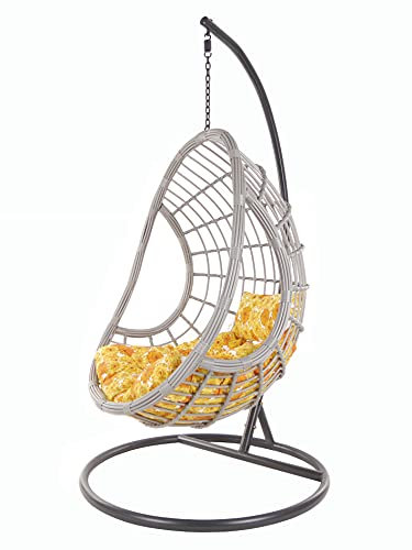 KIDEO PALMANOVA großer Hängesessel inklusive Gestell und Kissen, Polyrattan, grau (Kissen: Chesterstepp gelb geblümt [2300 Sunflower])