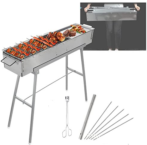 IRONWALLS Tragbare Holzkohlegrills, L 81.3 cmxB 20.3 cmxH 78.7 cm, Edelstahl, faltbarer Yakitori-Grill mit 25 Stück 38.1 cm Schaschlikspieße für Hinterhof, Grill, Outdoor, Kochen, Wandern, Picknick
