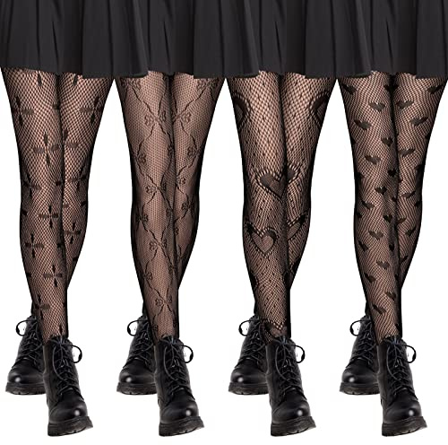 Zhanmai 4 Pair Women Lace Fishnet Tights Heart Patterned Gothic Stockings Black High Stretch Leggings Pantyhose for Halloween Costume Party