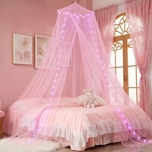 Rosa Betthimmel mit 100LED Stern Lichter für Mädchen Schlafzimmer Decor | Prinzessin Baldachin Bettvorhänge mit 8 Modi USB-gespeist Geschenke für Frauen, Einzel- bis King Size Bett