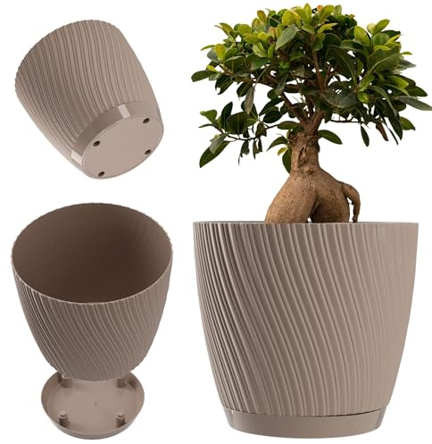 KADAX Blumentopf mit Untersetzer, Pflanzentopf in dreidimensionalen Wellenform, Pflanzkübel aus Kunststoff, Dekorativer Topf für Blumen, Kakteen und Kräuter (13 cm, Braun)